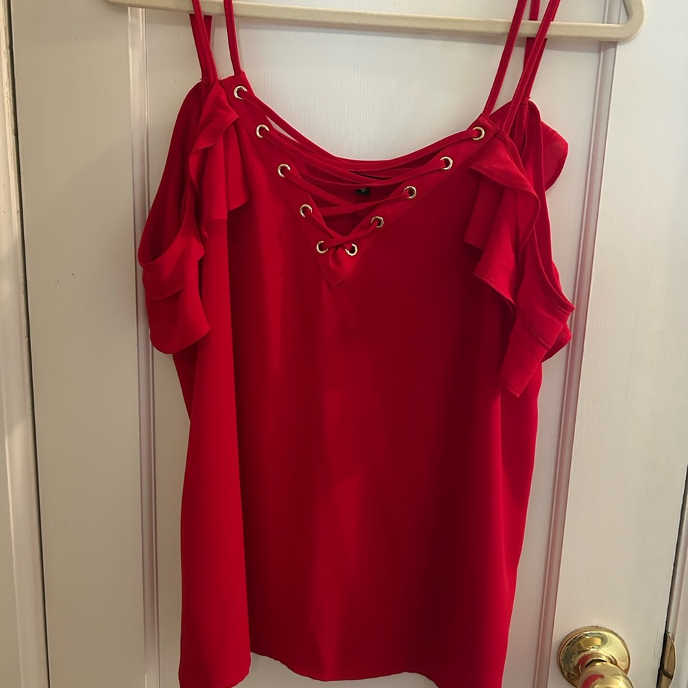 Express Cold Shoulder Large Red Ruffled Top - Picture 3 of 6